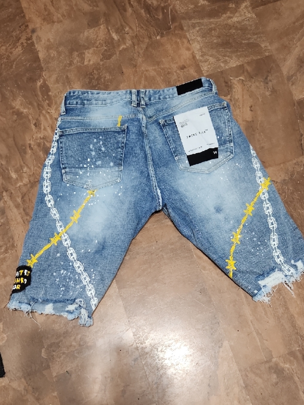 Blue Distressed "Smoke Rise"Graphic Denim Shorts - - Picture 4 of 6